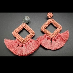 Coral beaded tassel earrings